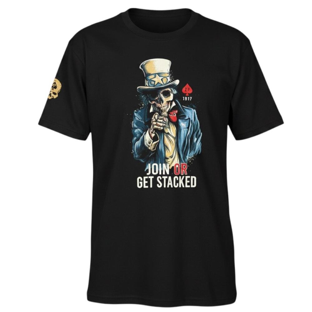 Zero Foxtrot T-Shirt Men Medium Black Join Or Get Stacked Uncle Sam Skeleton Tee